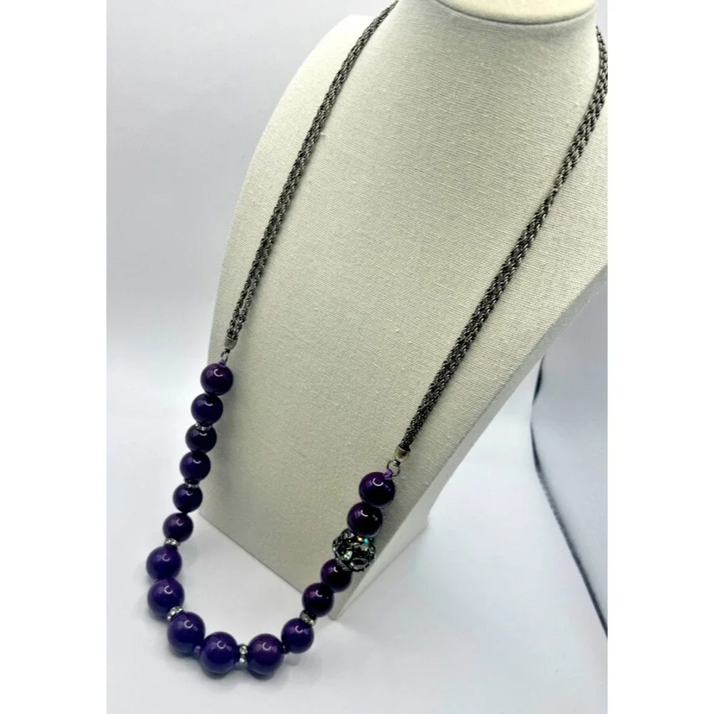 Banana Republic Gunmetal Silver Purple Beads Rhinestone MultiStrand Necklace 26